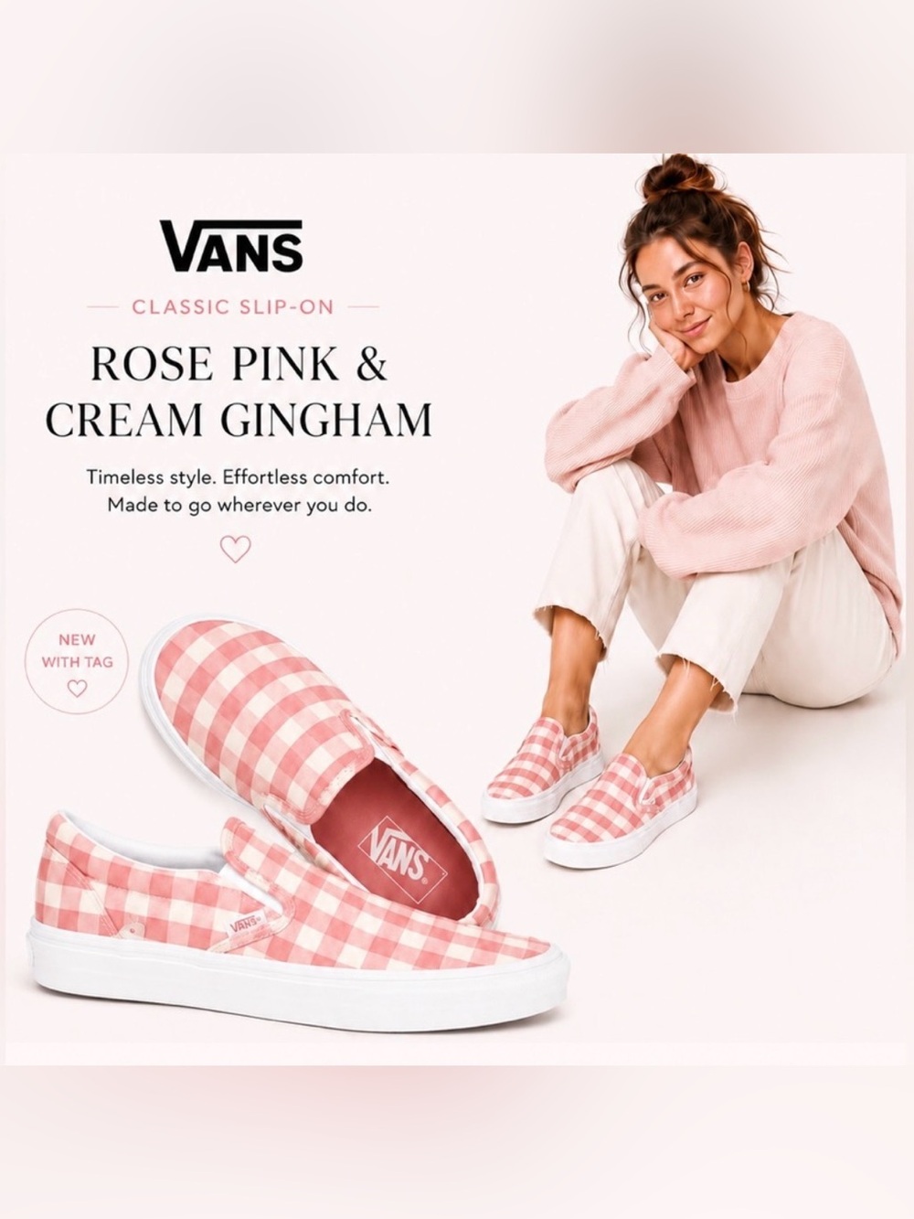 Vans Classic Slip-On Rose Pink Cream Gingham Canvas Sneakers wmns 8 NWT